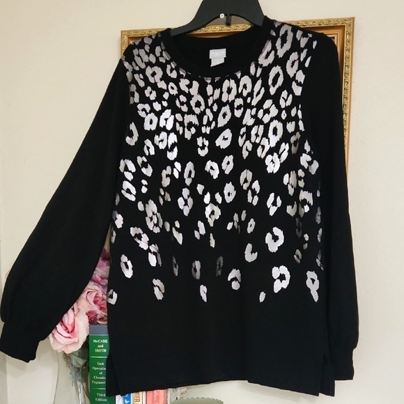 Black Leopard Print Sweater With Pockets Tunic Contemporary Medium Career - Picture 5 of 10